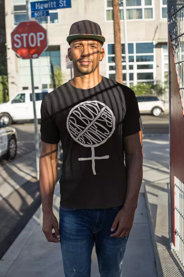 Black graphic T-shirt on model featuring white circle fist and female symbol print