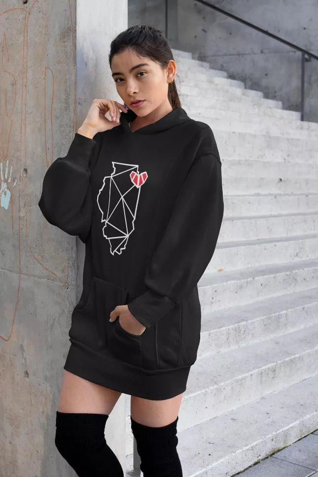 Black hooded pullover dress with front graphic map and kangaroo pocket, side view