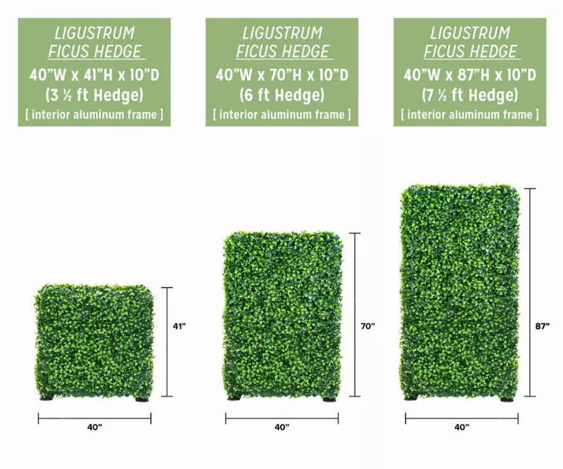Artificial ficus hedge size chart showing three freestanding panel dimensions.
