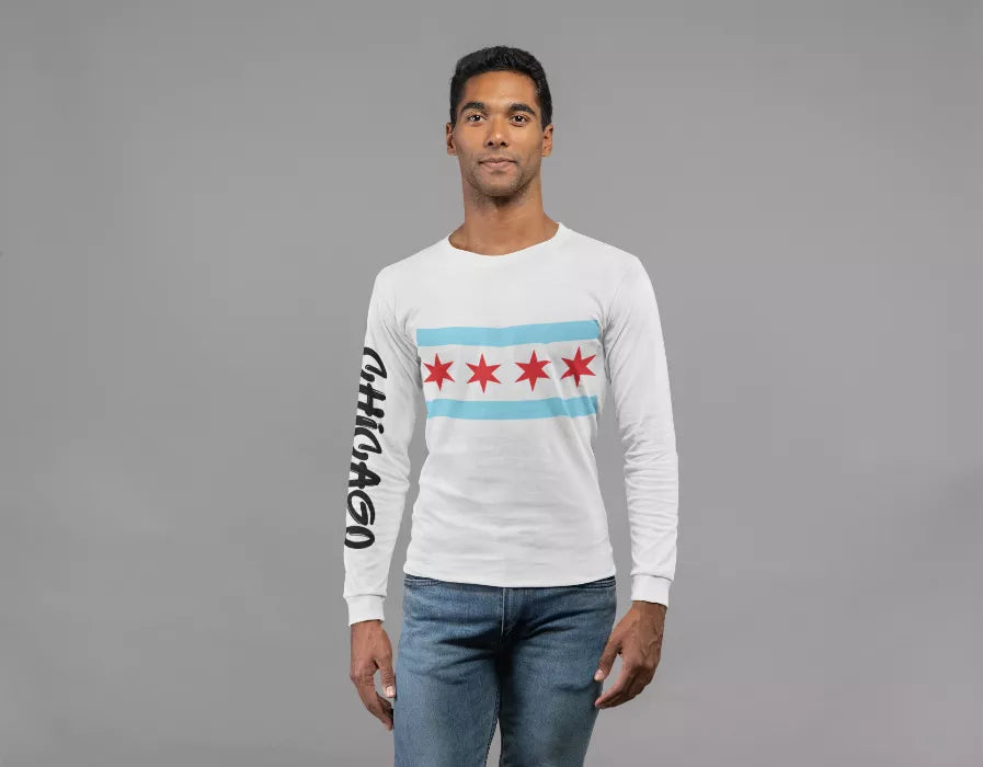 White crewneck with Chicago flag stars and light-blue stripe; graffiti-style left sleeve