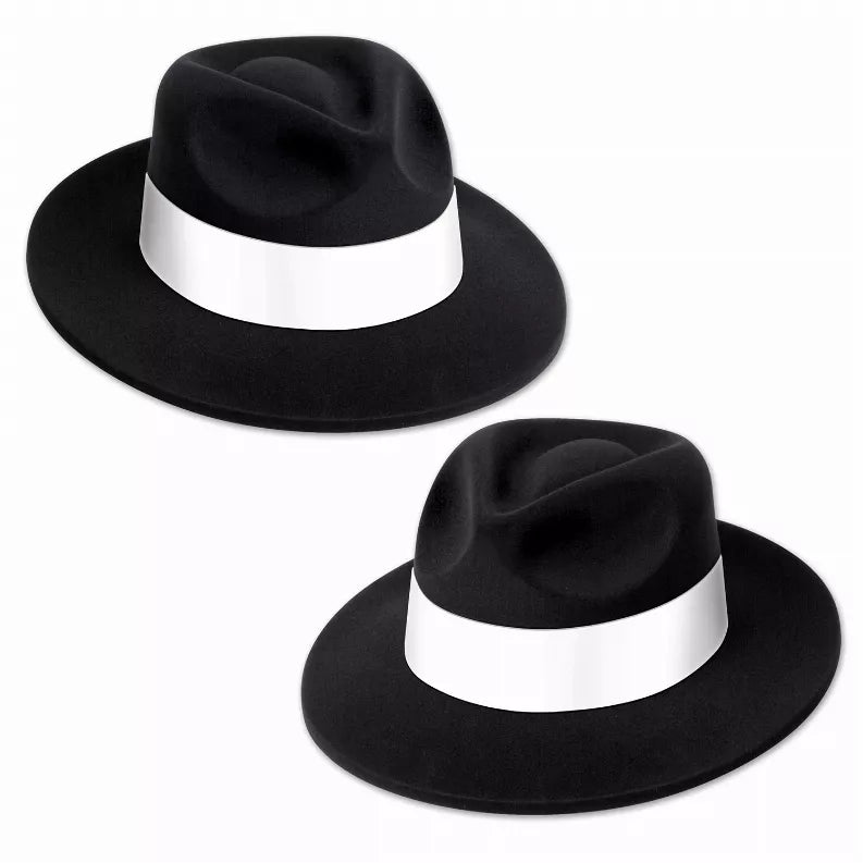 Black velour fedora with white band, two hat views