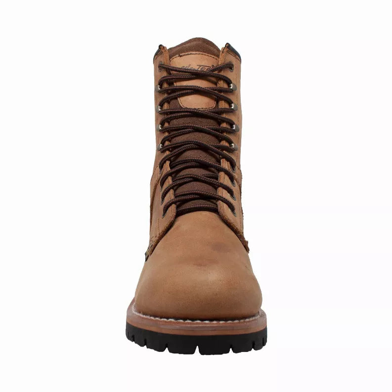 Men's tan lace-up logger boots from the front with lace-up collar and lug sole