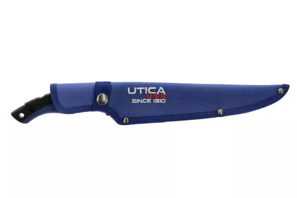 Fixed-blade knife with blue sheath, black handle, and UTICA USA logo