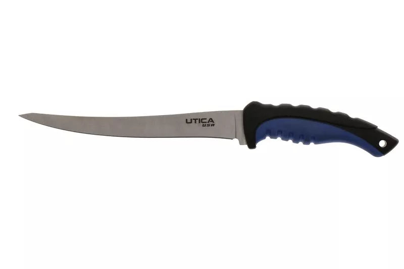Fixed-blade knife with gray blade, blue-and-black handle, UTICA USA mark