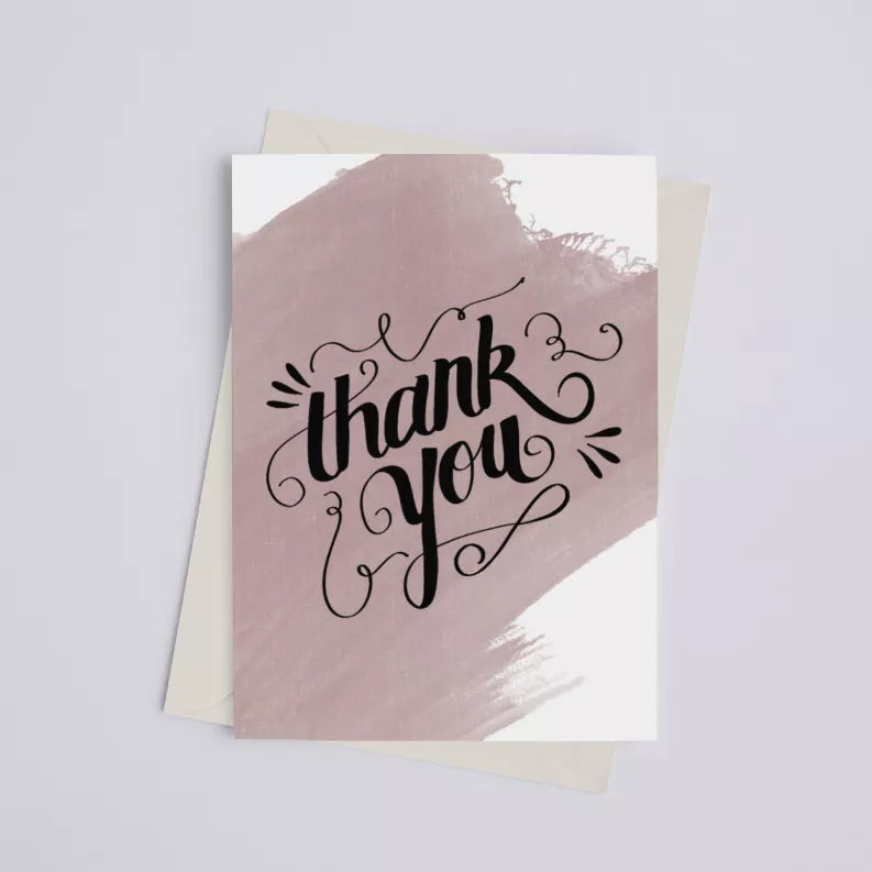 Thank you watercolor greeting card with black script “Thank you” on blush pink wash
