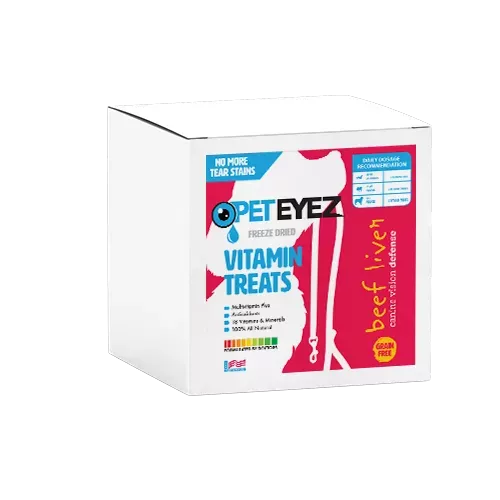 Freeze-dried beef liver dog treats in a white box, promotes eye health, grain-free, vitamin-enriched, no tear stains.