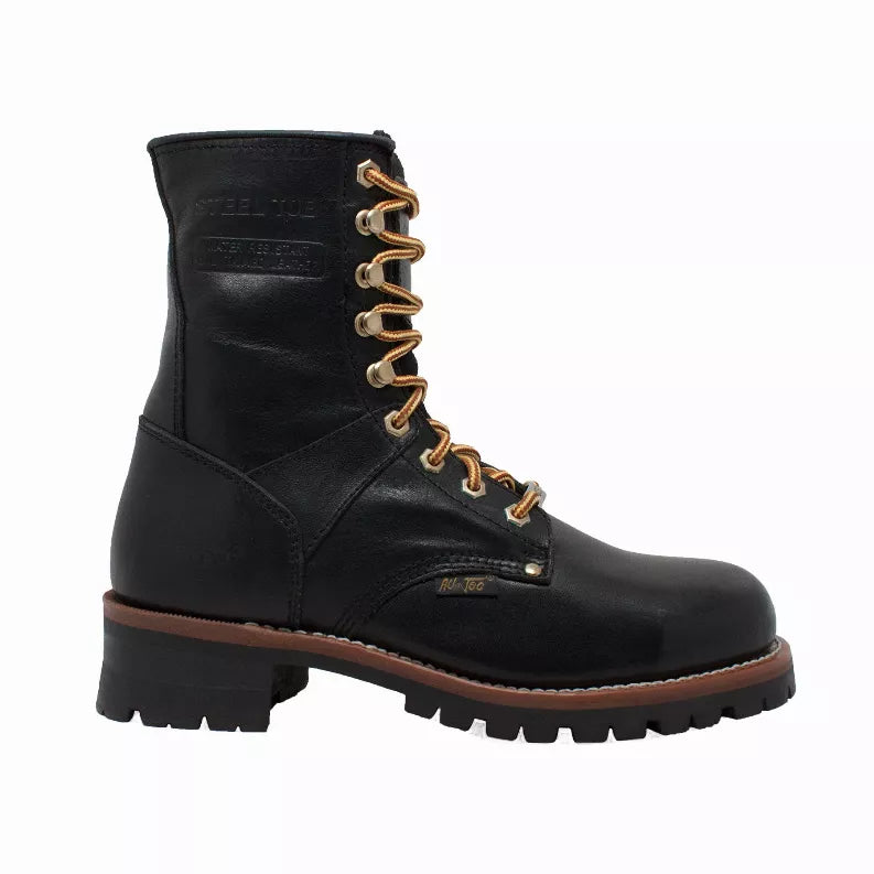Men's black waterproof logger boots with brown sole and lace-up design