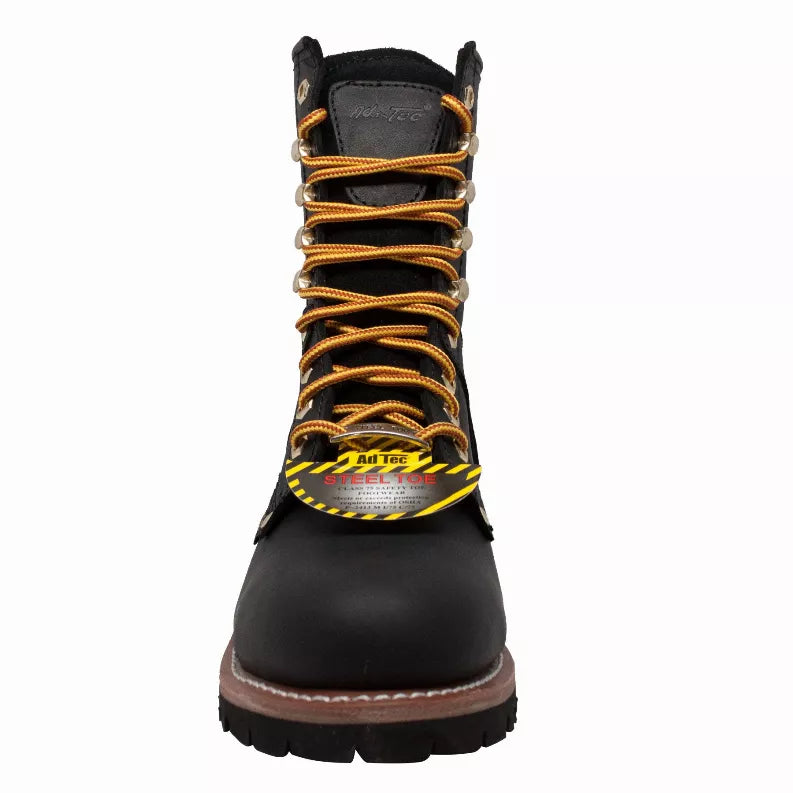 Men's black waterproof steel-toe logger boots with orange laces