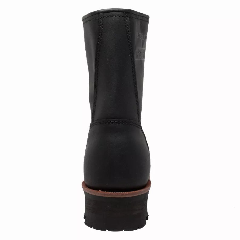 Waterproof steel toe logger boots back view, black 9-inch shaft