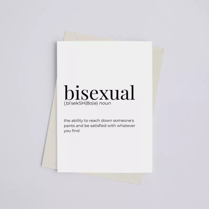 Bisexual greeting card front with 'bisexual' text and definition, with kraft backing
