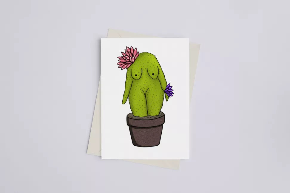 Greeting card showing a green cactus woman in a brown pot with a pink flower