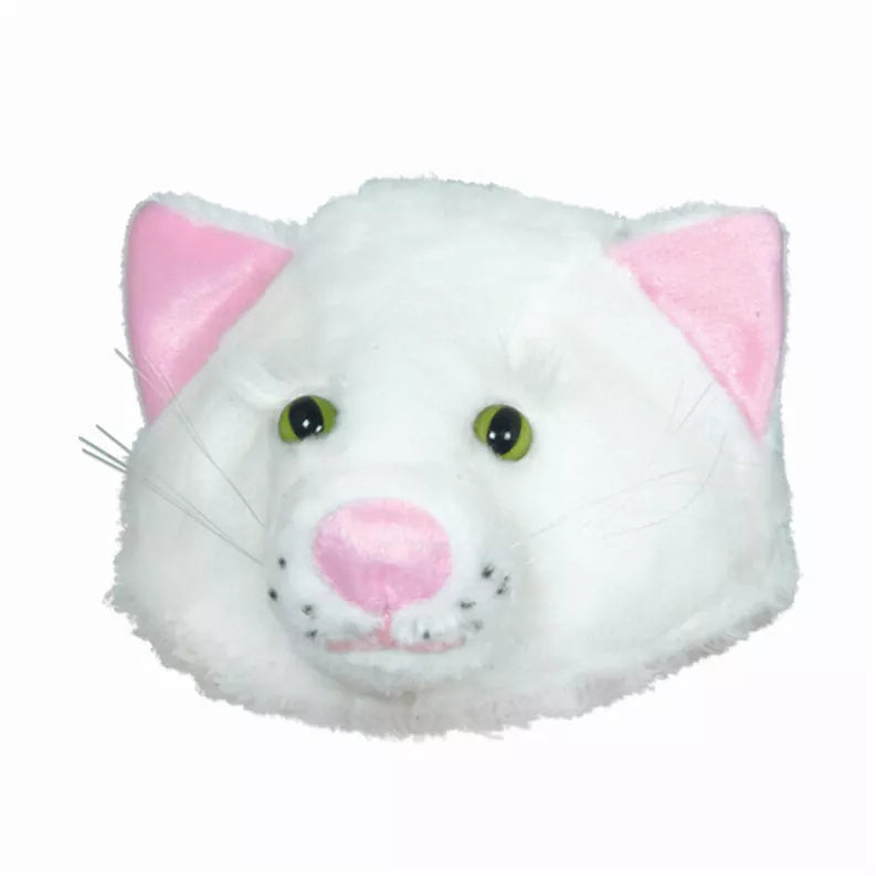 Plush cat head hat with white fur, pink ears, and embroidered face details