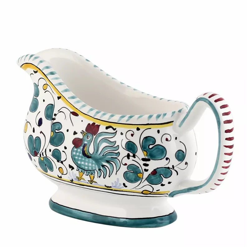 Deruta-style ceramic sauce boat with teal rooster and floral pattern, loop handle