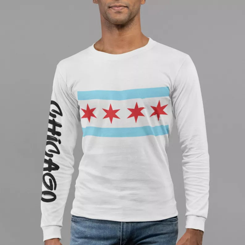White crewneck sweatshirt with Chicago flag graphic and red star panel, long sleeves