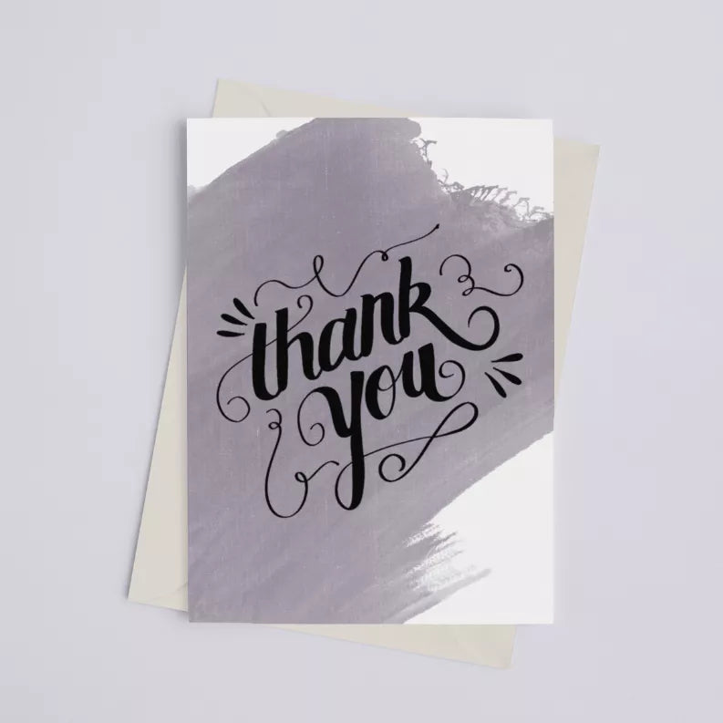 Thank you watercolor greeting card with purple-gray brush background and black script