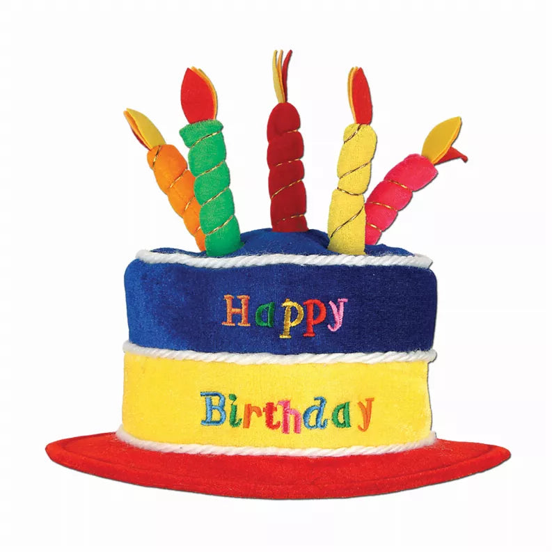 Plush birthday cake hat with colorful candle accents and embroidered 'Happy Birthday' text