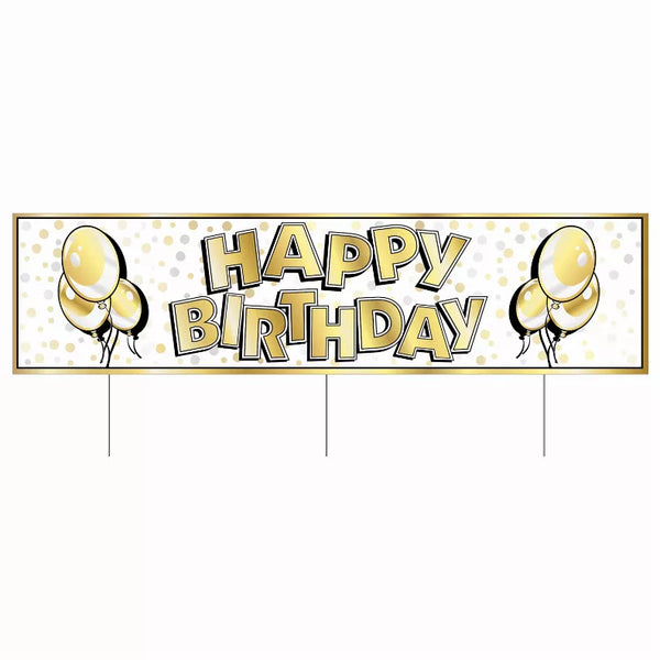 Plastic yard sign with Happy Birthday text, gold balloons, and hanging stakes