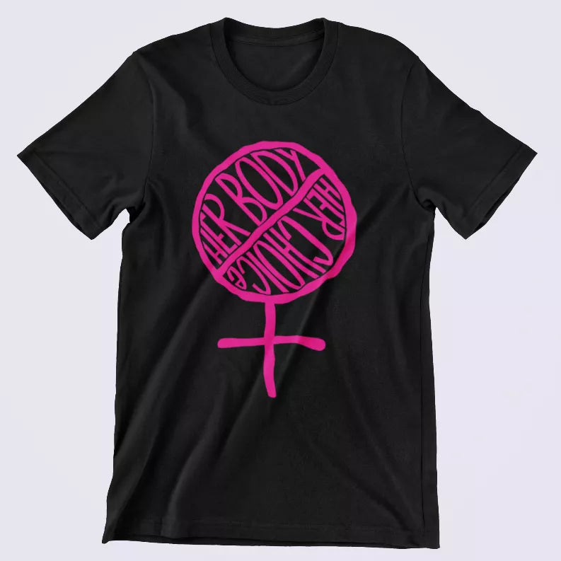 Black crew-neck T-shirt with pink fist and text graphic