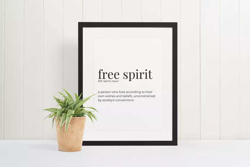 Framed wall art print with 'free spirit' quote and small potted plant beside it