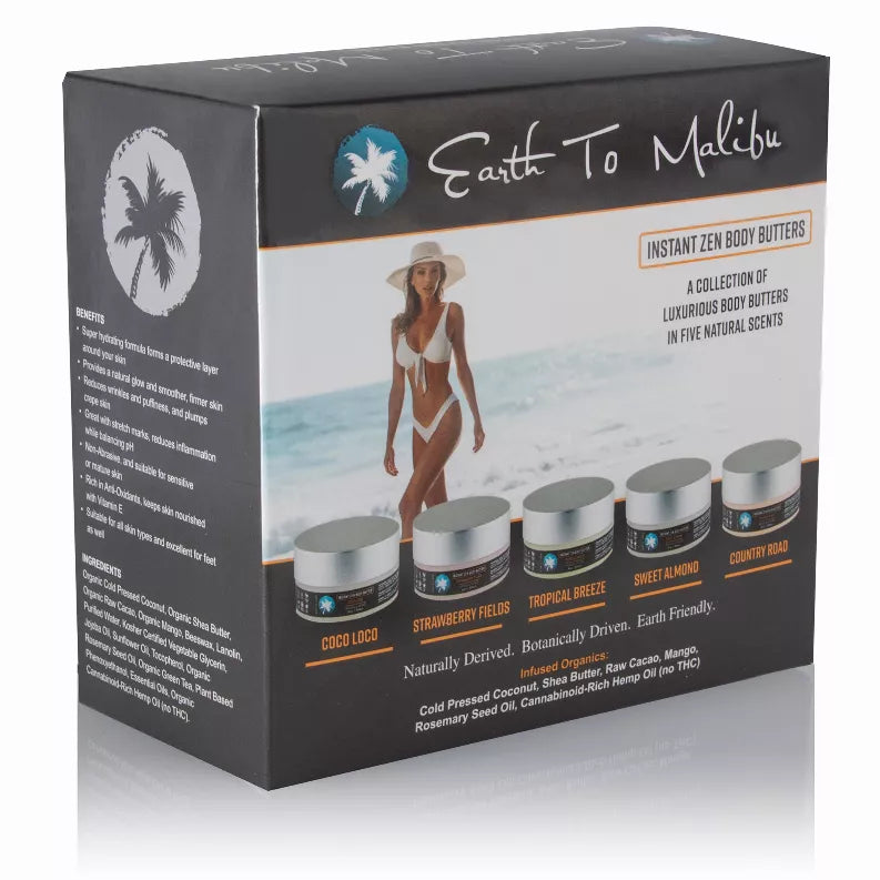 Body butter collection box with Earth To Malibu branding and five jar scent labels
