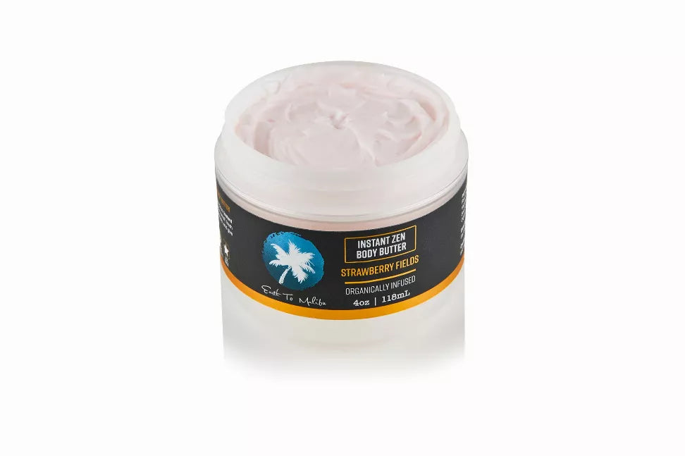 Strawberry fields body butter jar with pale pink cream and orange label