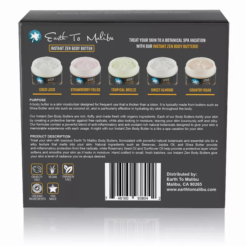 Body butter collection box back with five scent jars and certification/ingredient text