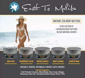Body butter collection box front with beach scene and five scent jar labels