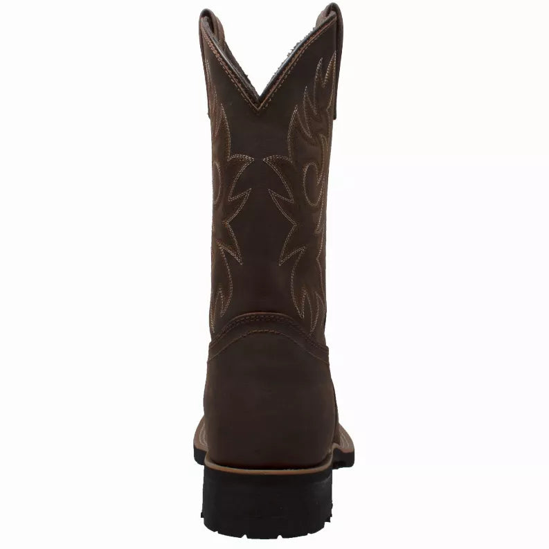 Men's 12-inch western work boots in dark brown suede with stitched V-toe design