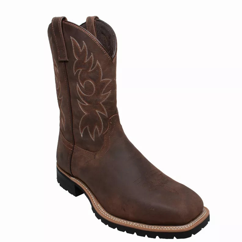 Men's dark brown western work boots angled side view with curved stitch welt