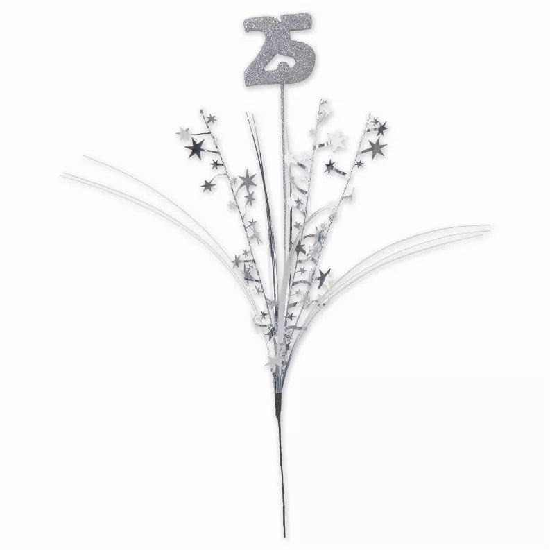 Metallic star spray with glittered silver “25” topper and scattered star confetti strands