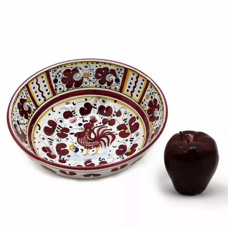 Red rooster ceramic serving bowl with heart motifs and scalloped rim; dark red rooster