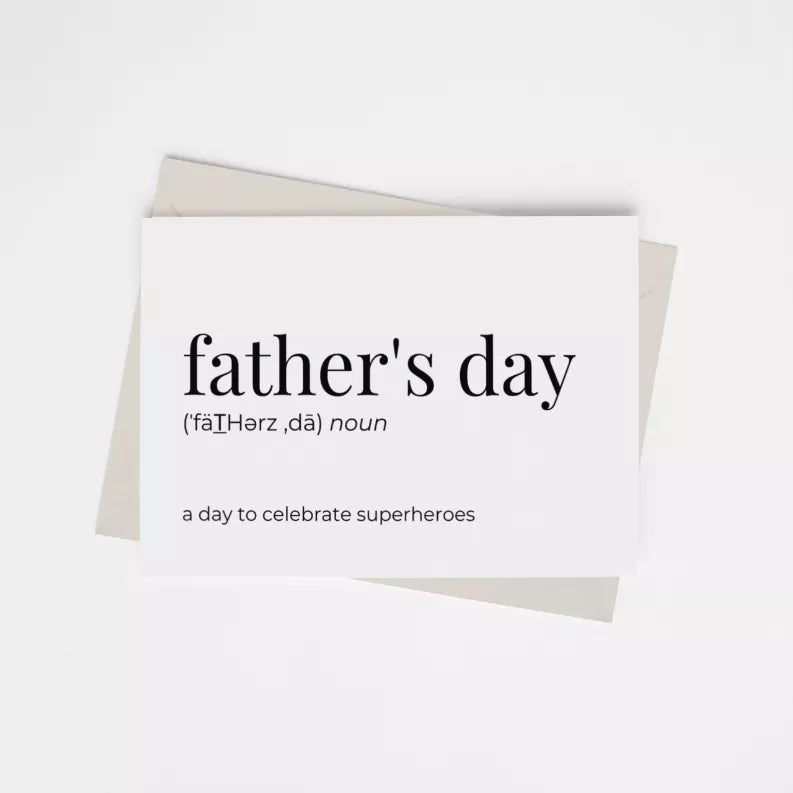 Father's Day greeting card with 'father's day' and 'a day to celebrate superheroes'