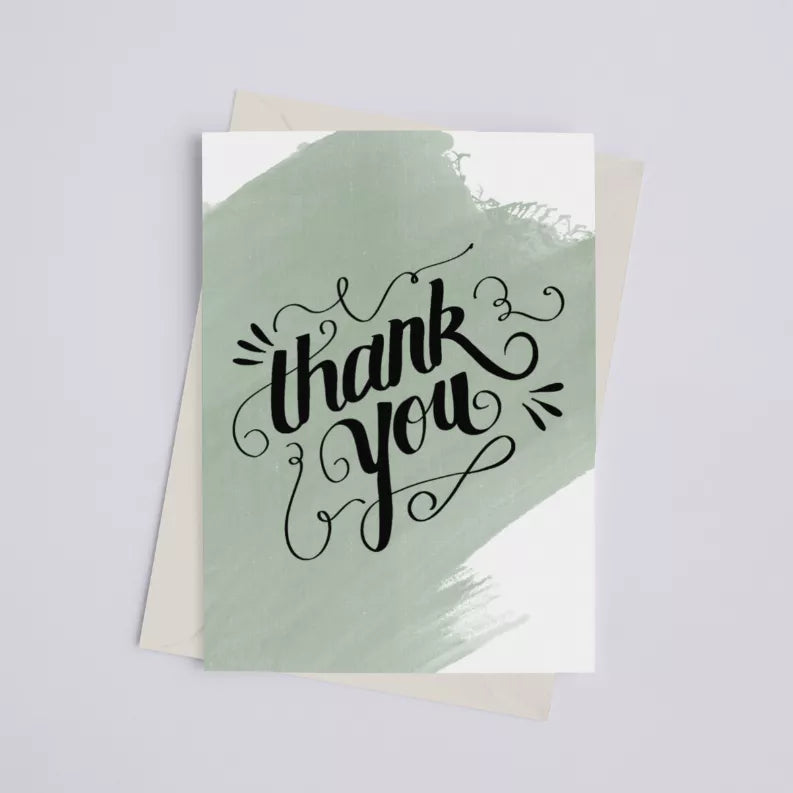 Thank you watercolor greeting card with green wash and black script text