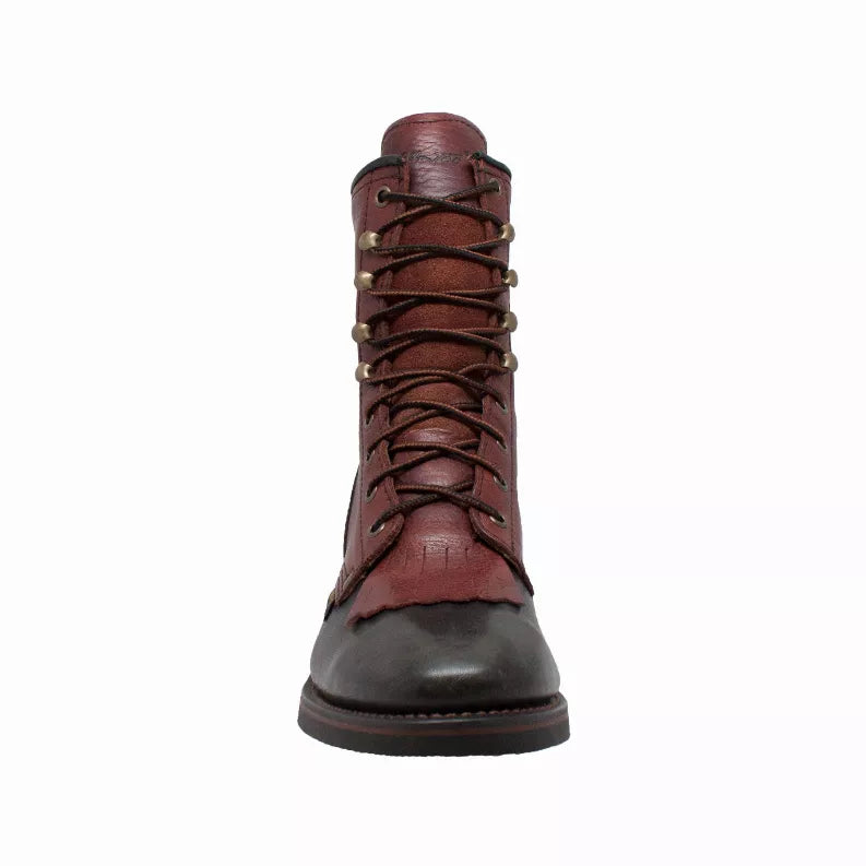 Men's 9-inch packer boots, front view showing tall brown shaft and lace-up closure