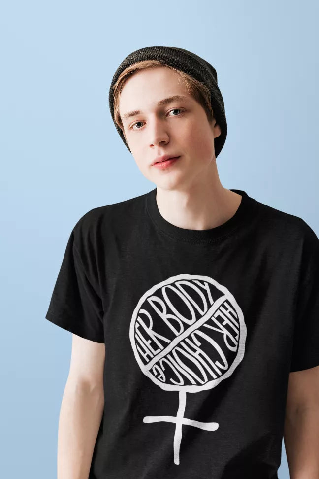 Black T-shirt with circular emblem and white cross logo on chest, model portrait
