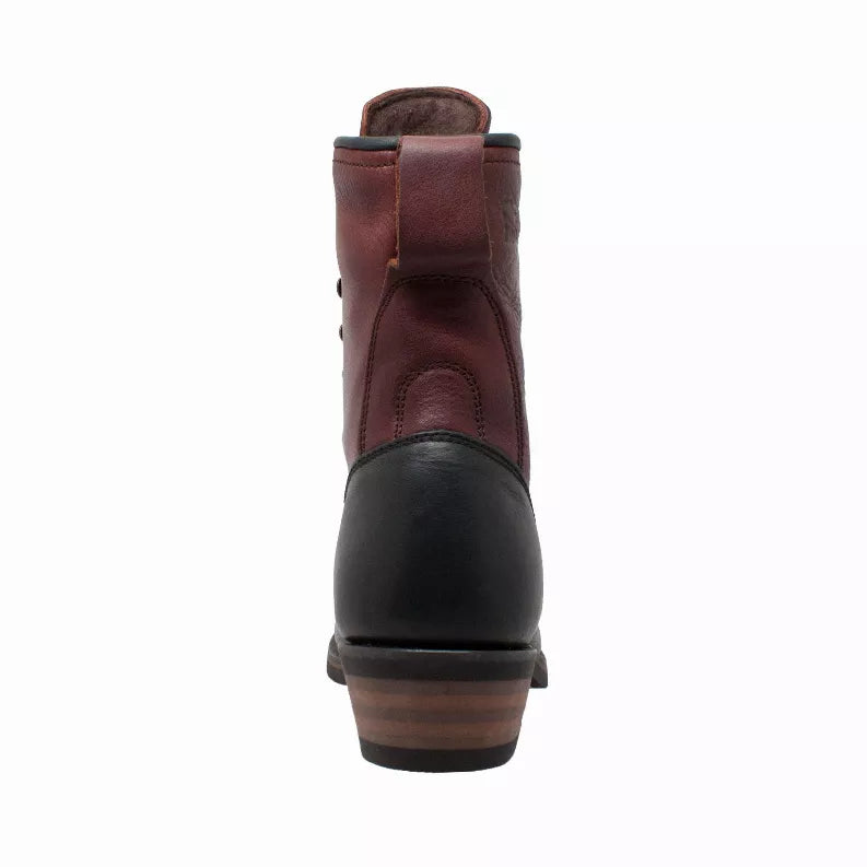 9-inch packer boots rear view, burgundy leather shaft with black heel and tread