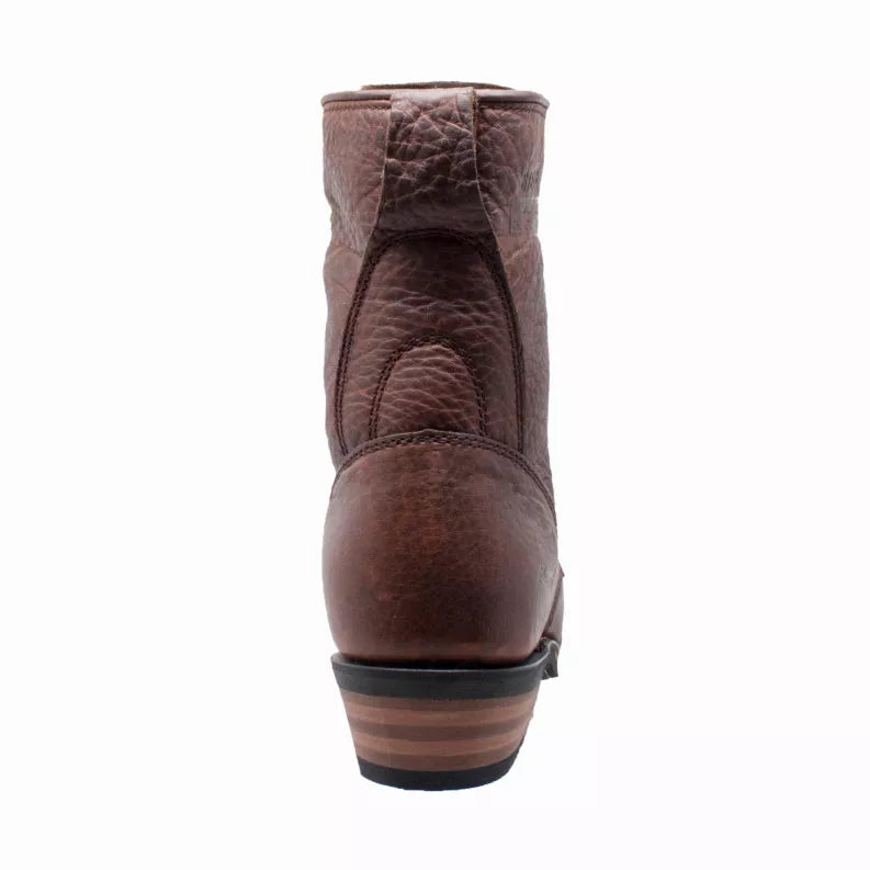 Men's 9" packer boots in dark brown, back view with stacked block heel