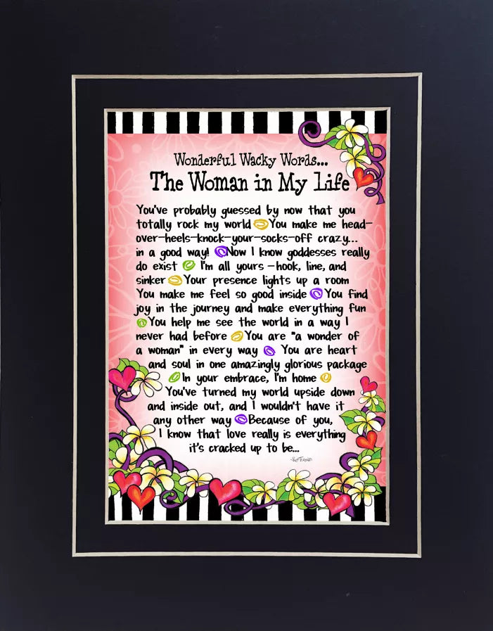 Framed relationship quote artwork with floral hearts border and pink striped panel