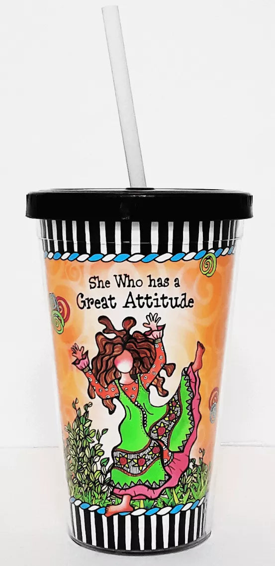 Decorated plastic tumbler cup with black lid and straw, orange mermaid-style graphic