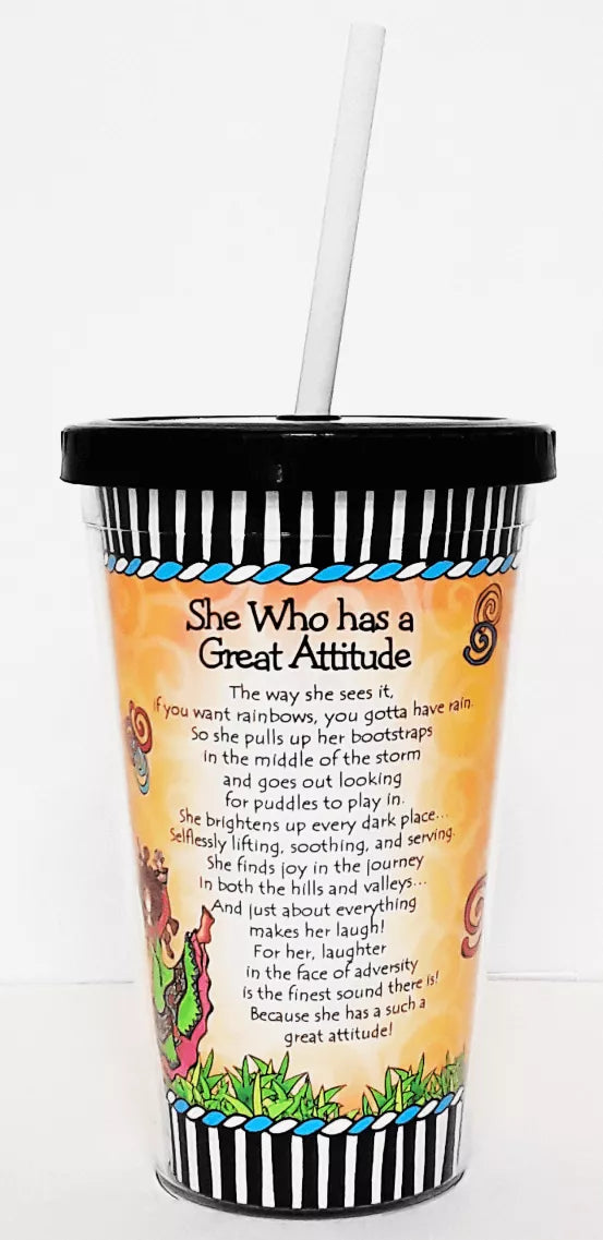 Decorated plastic tumbler cup with black lid and straw, mermaid graphic and decorative text