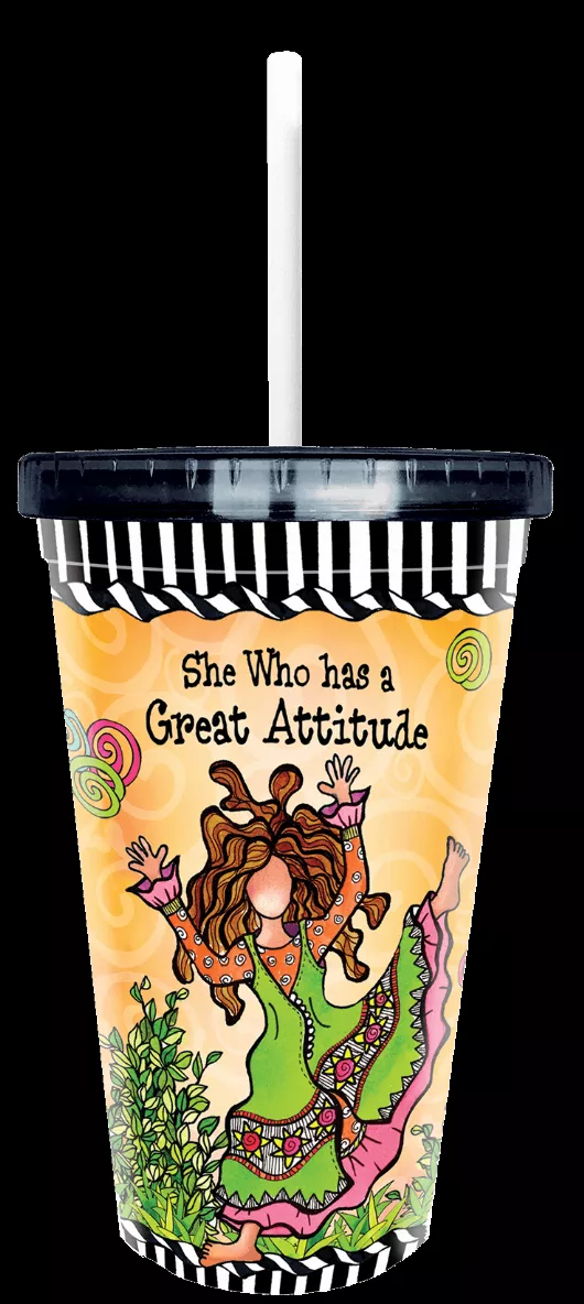 Decorated plastic tumbler cup with black lid and straw, orange mermaid quote artwork