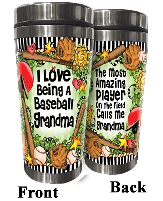 Stainless steel baseball tumbler with colorful Grandma print and black lid, pair view