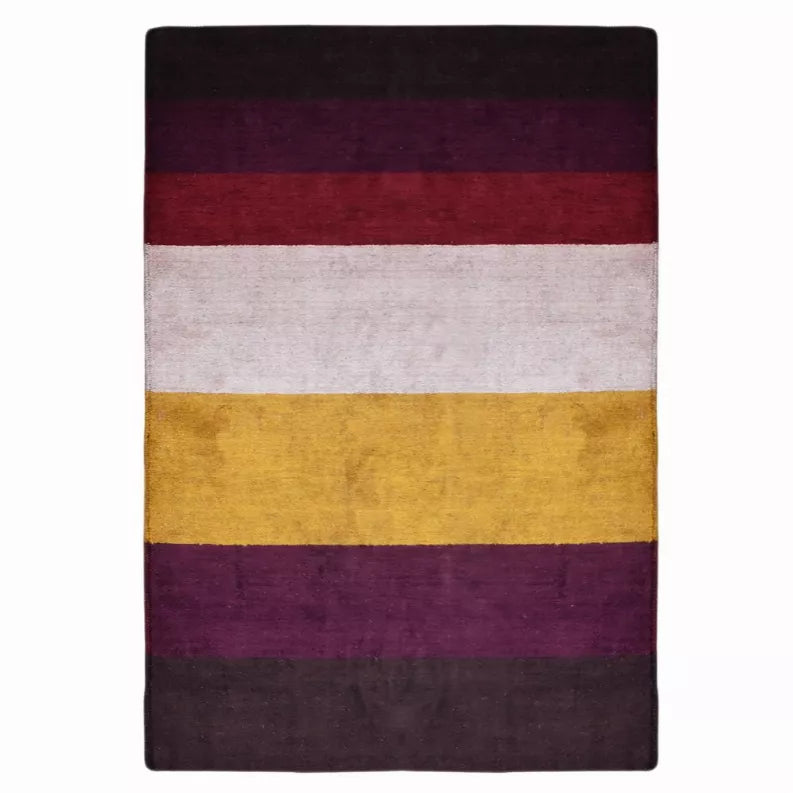 Hand-knotted striped area rug with horizontal bands in dark purple, burgundy, gold, gray