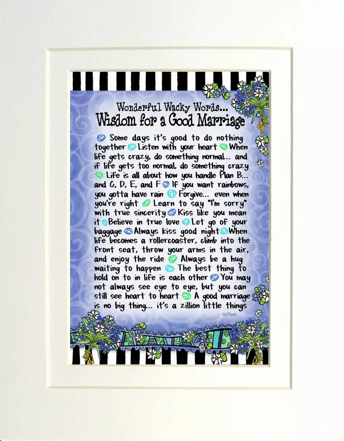 Framed relationship-themed word art with blue text and colorful floral border