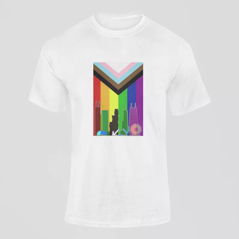 White crewneck tee with rainbow city skyline graphic centered on front