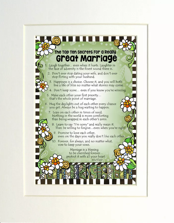 Framed quote wall art with poem about a great marriage and colorful daisy decorations