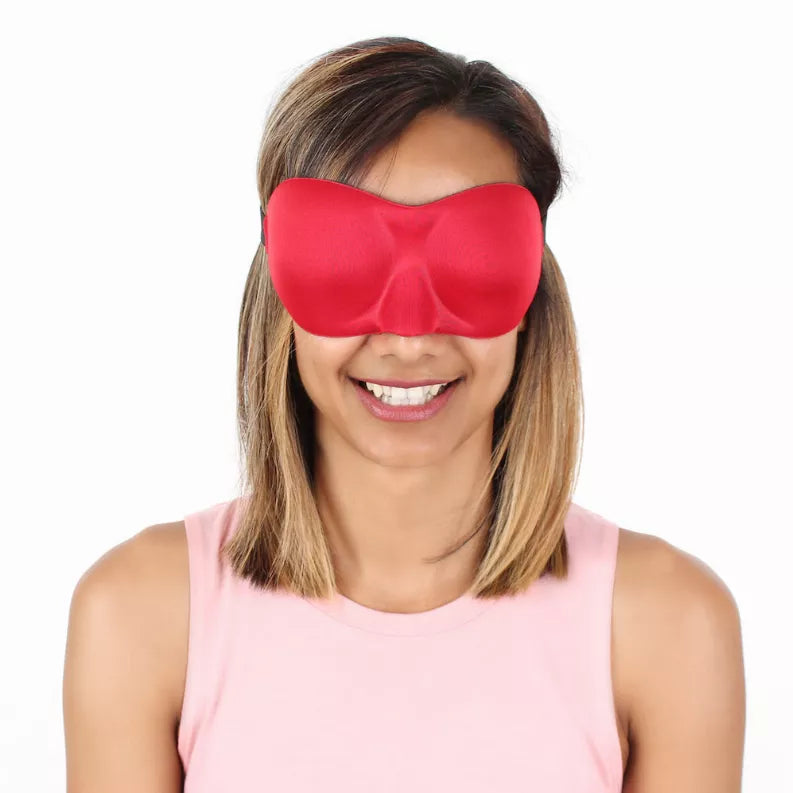 Red satin sleep mask with soft contoured eye cups and elastic strap