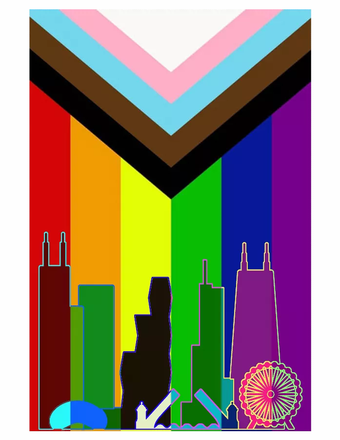 Inclusion flag graphic T-shirt design with multicolor skyline and chevron top