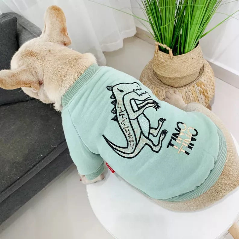 Light blue dog sweatshirt with black dinosaur graphic, worn by a small dog
