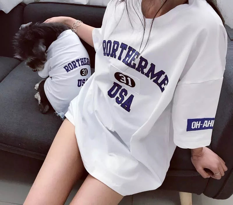 White matching pet and owner long-sleeve shirt tunic with navy USA graphic